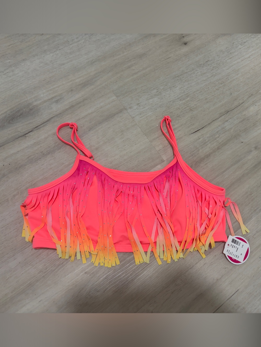 NWT - Justice Girls Neon Pink Fringe Swim Top